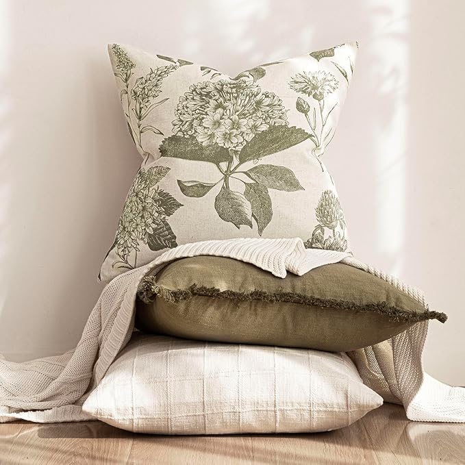 Foindtower Set of 2 Linen Floral Vintage Throw Pillow Covers Neutral Accent Print Decorative Cushion Covers Farmhouse Home Decor for Sofa Chair Couch Bedroom Living Room,18×18 Inch,Sage Green