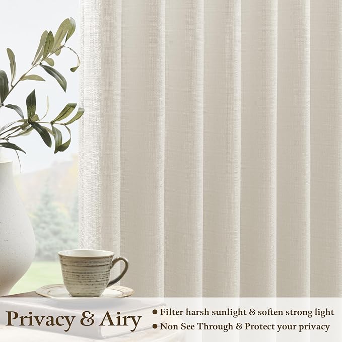 Natural Short Linen Curtains 36 Inch Length 2 Panel Set for Small Windows Bedroom Rustic Farmhouse Linen Light Filtering Pinch Pleated Drapes Back Tab Semi Sheer Kitchen Curtains 36 Inches Long