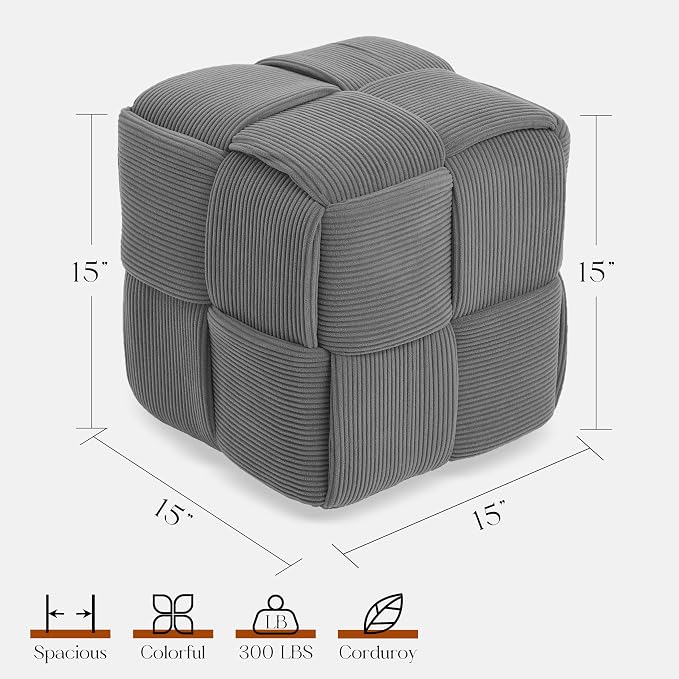 Cmishe 15" Square Woven Corduroy Ottoman Footrest - Modern Vanity Stool for Living Room & Entryway, Eco-Friendly Wood Frame, No Assembly (Grey)