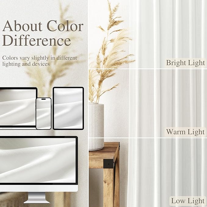 Off White Linen Curtains 92 inches Long for Bedroom Back Tab Light Filtering Privacy Sheer White Curtains Modern Farmhouse Coastal Decor Cotton Textured Gauze Curtain for Living Room 2 Panel Set