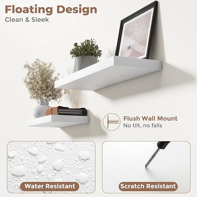 36 Inch Floating Shelves for Wall Set of 2, 8"D Wood Grain Bathroom Shelves with Invisible Brackets, Easy Install Engineered Wood Storage Shelves for Kitchen, Living Room, Bedroom, White Finish