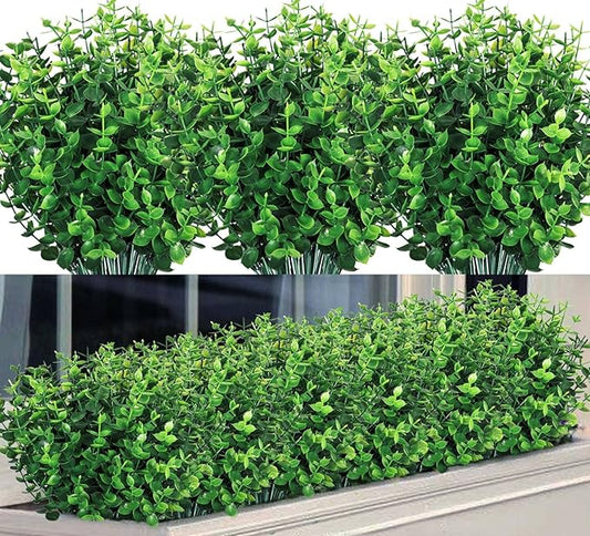 Ouddy Decor 8 Bundles Artificial Greenery Stems Fake Plants Outdoor UV Resistant Faux Plastic Boxwood for Kitchen Office Garden Porch Farmhouse Window Box Home Decor