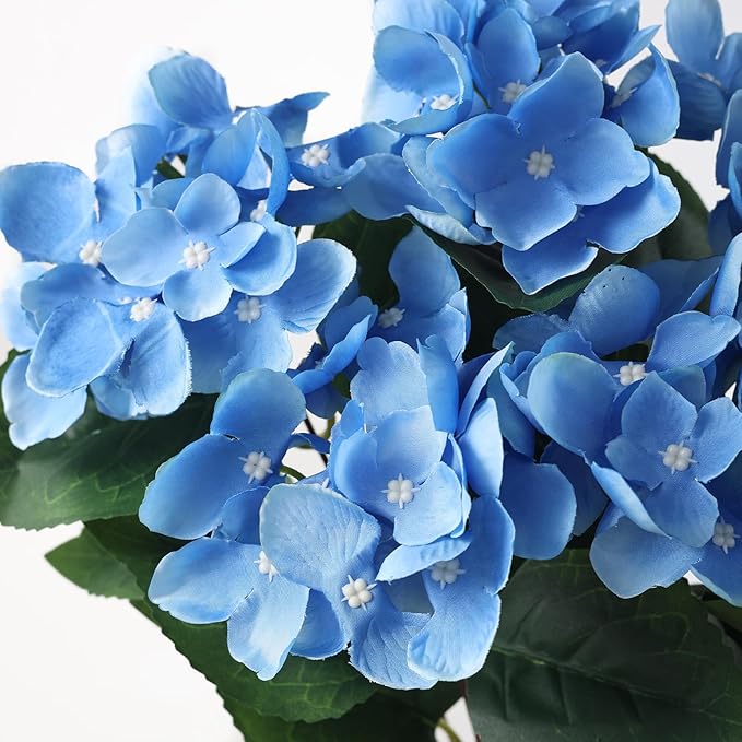 FOTEEWL 8 Bundles Artificial Hydrangea Flowers for Outdoor Decor, Realistic Faux Silk Bouquets Sun-Resistant Fake Plants for Front Door Balcony Farmhouse Garden Home Spring Summer Decor (Blue)