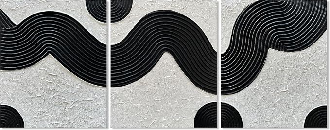 NANKAI Art Hand-Painted Abstract Oil Painting in Black and White Texture Modern Minimalist Art 24x20 Inches x 3,Home Wall Decoration Oil Painting
