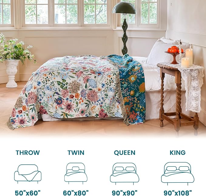 MSGKV Boho Throw Blanket 50"x60" Couch Floral 100% Cotton Blanket Summer Breathable Lightweight Farmhouse Blankets for Sofa Home Decor Muslin Guaze All Seasons