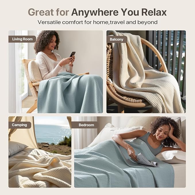 Madison Park 100% Cotton Blanket, Trendy Woven Waffle Weave Design, All Season, Lightweight, Breathable, Soft and Cozy Casual Summer Cover, for Bed, Couch and Sofa, Full/Queen(90 in x 90 in), Aqua