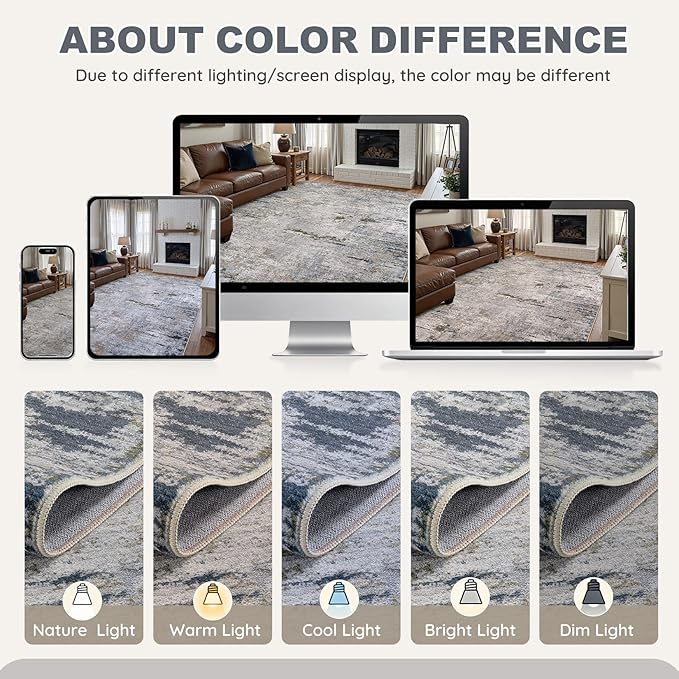 DMOYEST Area Rug Living Room Rugs - 8x10 Washable Large Soft Indoor Neutral Modern Abstract Low Pile Rug Carpet for Bedroom Dining Room Farmhouse Home Office - Blue/Grey/Brown