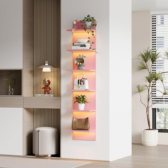 Qupui 6 Tier Wall Shelf Unit with LED Light, Display Floating Storage Home Decor Organizer Shelves for Bedroom Living Room, Pink