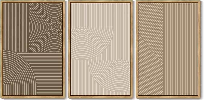 PHOPAGO Boho Mid-Century Modern Framed Wall Art Large 24x36in Minimalist Abstract Neutral Line Wall Decor Bohemain Geometric Artwork Bedroom Dining Room - Natural Framed