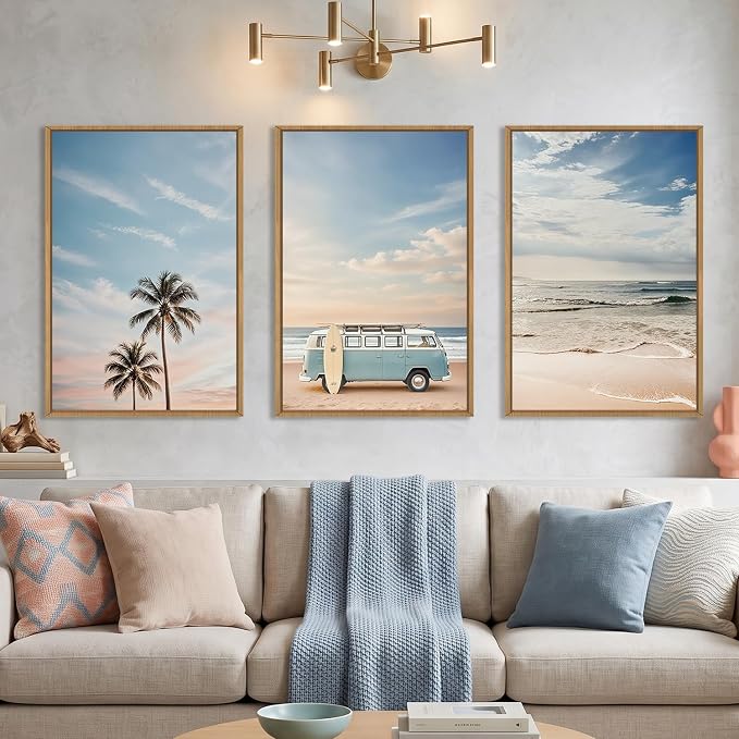 Ausril Large Ocean Beach Framed Canvas Wall Art Set, Bus and Palm Tree Wall Decor, Coastal Beach Surfboard Wall Painting, Modern Seaside Art Prints for Living Room, Bedroom, Dining Room - 24"x36"x3