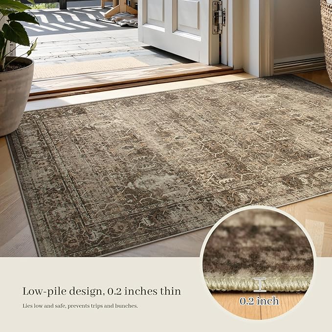 Lahome Margot Vintage 8x10 Area Rugs - Washable Non-Slip Boho Living Room Rugs for Under Table, Brown Low Profile Soft Faux Wool for Bedroom, Dinning Room, Nursery, Playroom