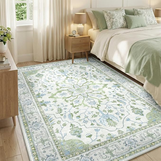 RELEANY Area Rugs 5'x8' Washable Non-Slip, Floral Vintage Distress Print Pattern Medallion Carpet for Living Room Bedroom Dining Room, Green White Blue