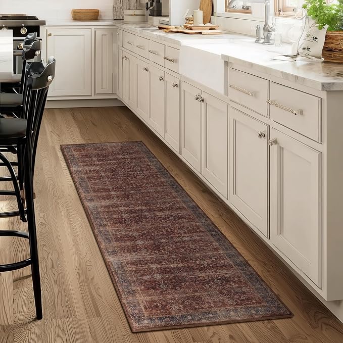Vintage Brick Red 2x5 Rug Runners for Hallways, Non Slip Washable Kitchen Bathroom Runner, Low Pile Thin Print Carpet for Entryway/Foyer/Laundry Room, Distressed Farmhouse Bedside Runners