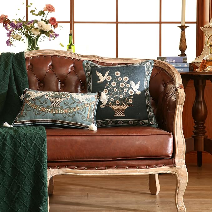 bilin gaier Green Throw Pillow Covers Set of 2,French Farmhouse with White Birds and Flowers Pattern Linen Pillowcases,Decorative Square Pillows Cushion Covers for Couch Sofa Bed Chair,18x18 Inches