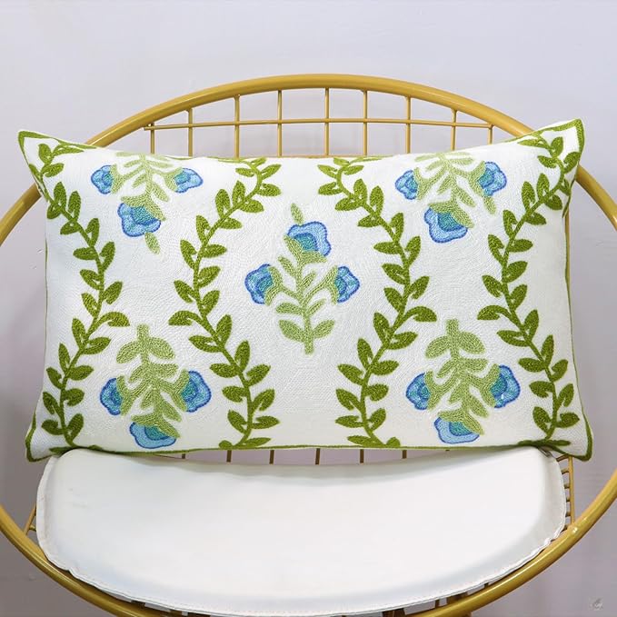 Set of 2 Embroidered Decorative Throw Pillow Covers Couch Square Pillowcases Cushion for Bedroom Sofa Farmhouse Decor 12x20 Inch (Blue Floral-Lumbar)