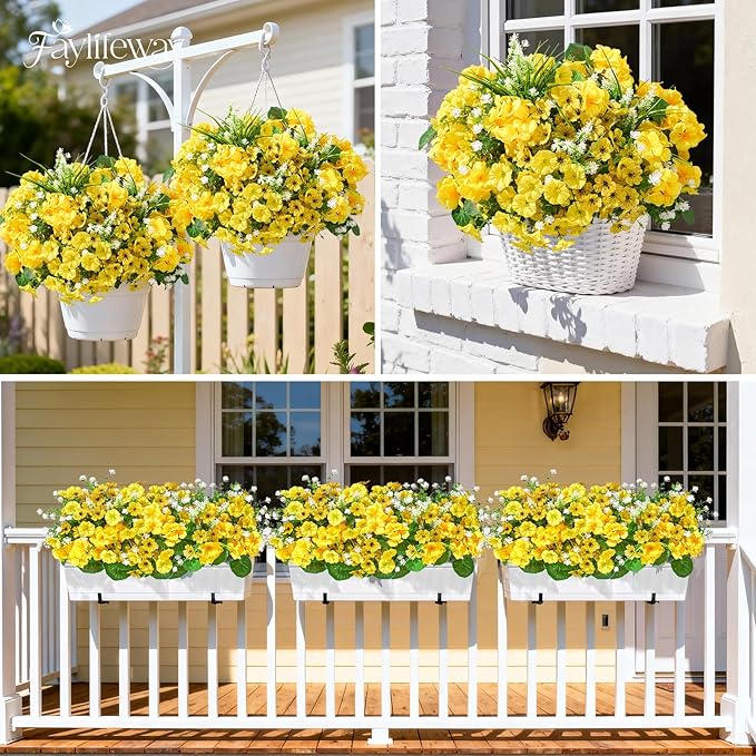 16 Bundles Artificial Flowers for Outdoors, UV Resistant Silk Faux Flowers for Outside Planters,Garden,Porch,Yard,Home Decor(Yellow)