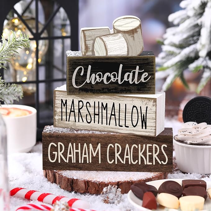 Moucuny 4 Pcs Winter Table Decoration Wooden Marshmallow Chocolate Christmas Tiered Tray Decor Xmas Centerpiece Decorative Hot Cocoa Marshmallow Block Signs Gift Winter Decoration for Home Kitchen