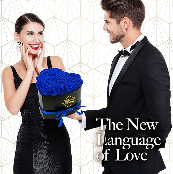 GLAMOUR BOUTIQUE 16 Flower Forever Heart Shape Box, Eternal Preserved Roses Gift for Her, Lasting Flowers, Romantic Floral Keepsake for Birthday, Anniversary or Valentine’s Day, Blue (Color-Treated)