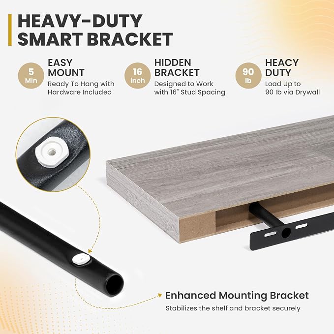 Acovy 55 Inch Floating Shelves, 9.3" Deep Floating Shelf Wall Mounted, 56" Wall Shelves, Rustic Deep Bookshelf, Large Display Shelves & Storage Shelves for Bedroom, Living Room, Grey, Set of 2