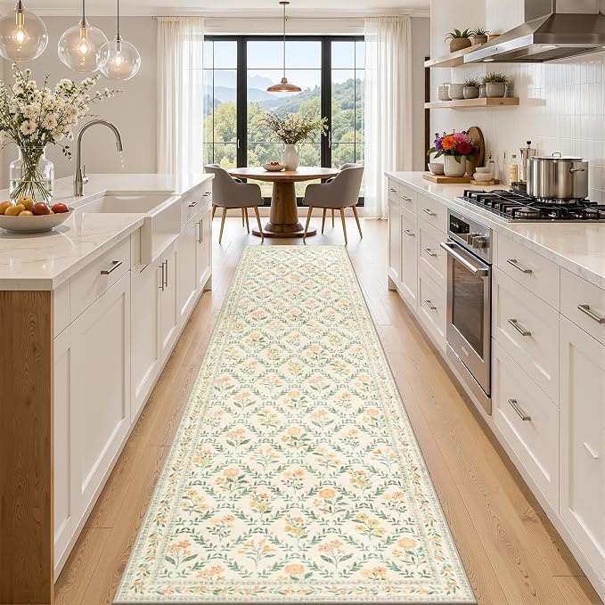 Runner Rug for Entryway: 2.6x14 Kitchen Rugs Non Slip Washable Ultra-Thin Soft Floral Carpet Indoor Floor Stain Resistant Carpets for Hallway Bedroom Kitchen Laundry Bathroom Dorm Beige/Multi