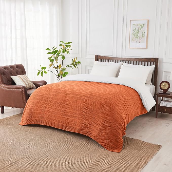 Douceur Rust Orange Throw Blanket for Bed, Soft Cozy Lightweight Stripe Pattern Knitted Throw Blanket for Sofa, Living Room Gift, 60"X80"