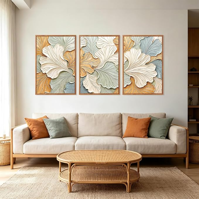 CHDITB 3D Neutral Earth Tone Impasto Ginkgo Leaf Textured Framed Canvas Wall Art Set, Pastel Minimalist Relief Wall Decor, Modern Art Prints for Living Room Hallway Bedroom Home Decor 24"x36"x3