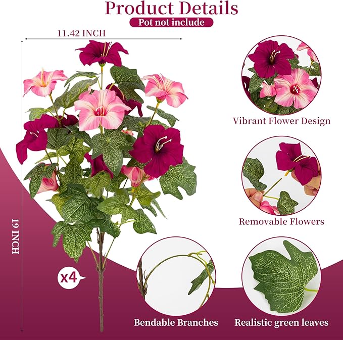 19 Inch Artificial Fake Flowers for Outdoor,4 Pcs Rose red Pink Faux Silk Petunias Spring Flowers for Outside for Indoor Porch Planter Front Door Garden Patio Window Box Home Decor