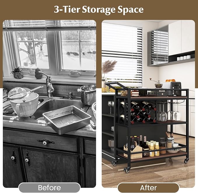 GOFLAME 3-Tier Bar Cart, Industrial Serving Cart with Wine Racks & Glass Holders, Convenient Handle, Rolling Beverage Cart with Metal Frame for Kitchen, Dining Room, Living Room, Brown