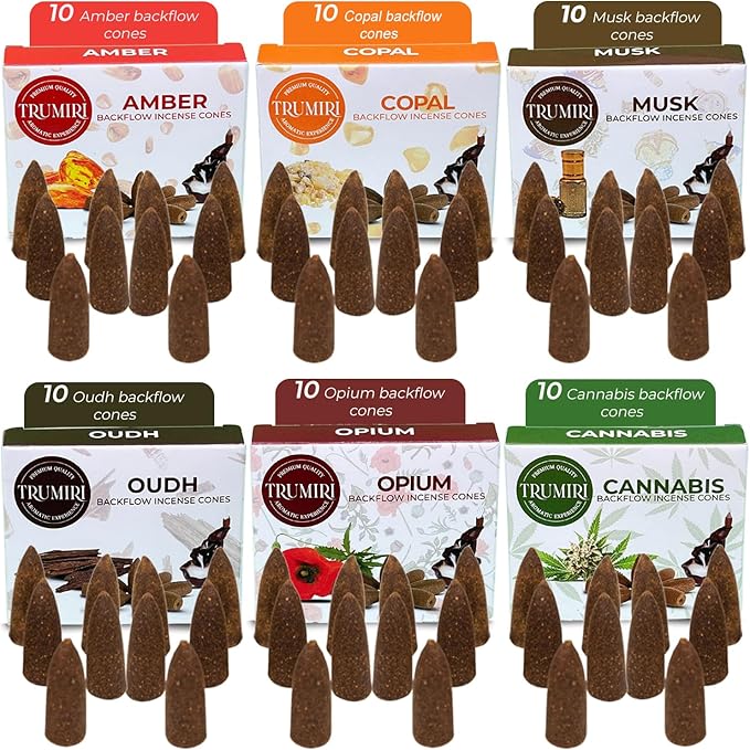 Exotic - Backflow Incense Cones for Waterfall - Scented Inscents-Cones - Copal, Amber, Musk, Oud - Insiensos Aromaticos - 6x10=60 Large Variety Pack