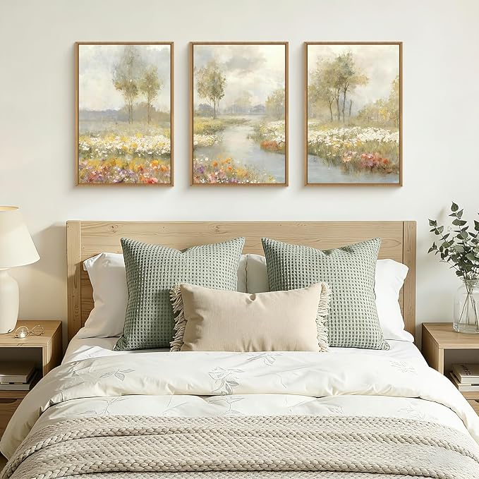 HPNIUB Large Watercolor Wildflower Framed Canvas Wall Art,Vintage Landscape Wall Decor,Rustic Wilderness Field Art Prints,Nature Floral Tree Artwork for Living Room,Bedroom,Farmhouse,Office -16"x24"x3