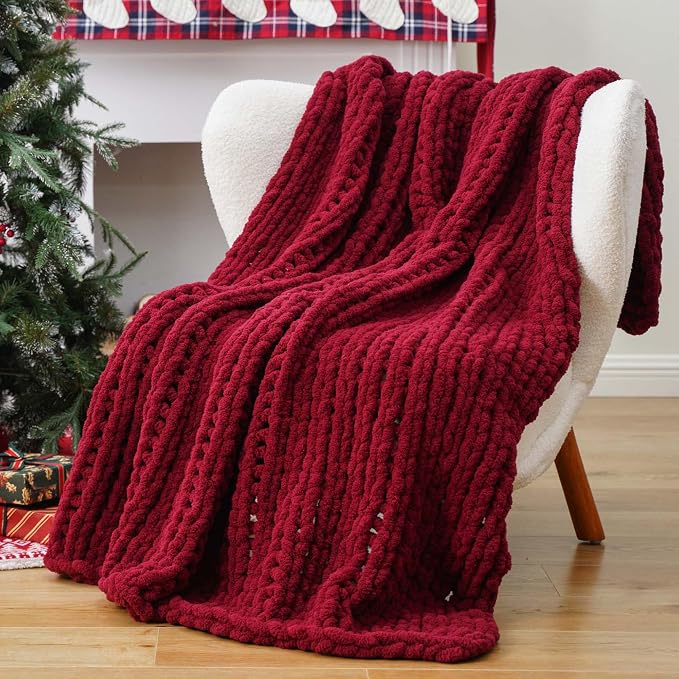 Battilo Chunky Knit Throw Blanket for Couch, Christmas, 50"x60", Dark Red | Hand Knit, Gift Blanket, Cozy Warm Thick Soft Chenille Throw Blanket for Bed, Sofa, Chair, Living Room