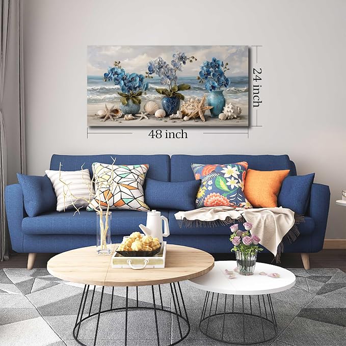 AOZEMI Large Beach Wall Art Blue Wall Decor Floral Canvas Art Coastal Seascape Ocean Pictures Flower Vase Poster Starfish Conch Shell Print Art for Bedroom Bathroom Living Room Office 24"x 48"