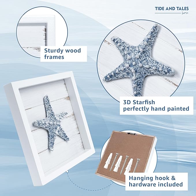 Tide and Tales 3D Starfish Wall Art (Framed Set of 3) Coastal Theme Wall Hanging Decoration for Bathroom or Tropical Bedroom, Ocean Inspired Seashell Decor for Home or Beach House (7"x 7")