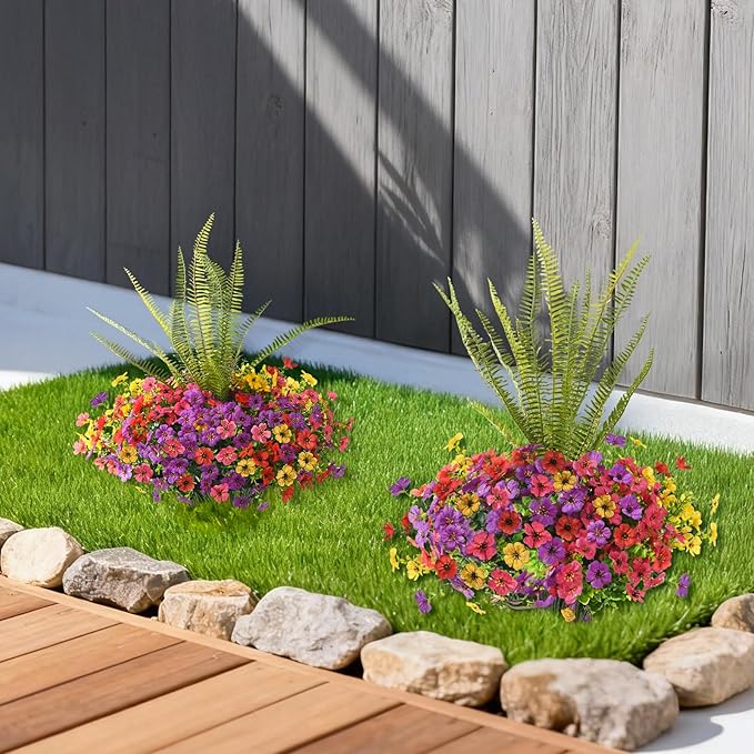 INQCMY Artificial Flowers for Outdoor 12 Pcs Faux Silk Daisy and 1 Pcs Fake Long Leaved Grass UV Resistant Tall Ferns for Home Doorway Courtyard Garden Backyard Decorative