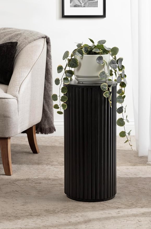 Kate and Laurel Reid Modern Wooden Ribbed Drink Table; 10 x 10 x 22; Black; Solid Wood Mini Table for Use as Pedestal Plant Stand Indoors or Small Nightstand Option
