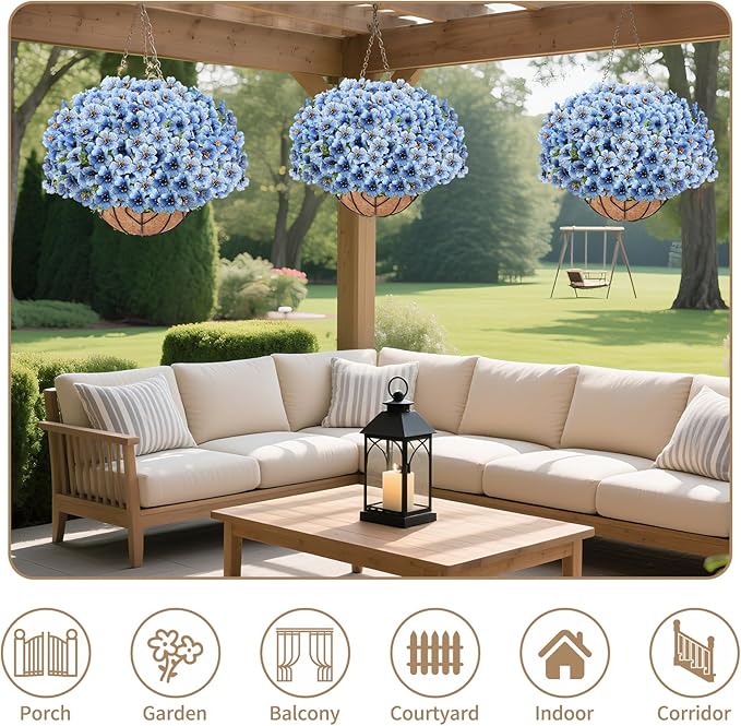 Artificial Hanging Flower for Outdoors, Fake Hanging Basket for Outside,1 Hanging Basket with 13 Pcs Faux Silk Flowers for Porch, Balcony and Patio Decor(Blue)