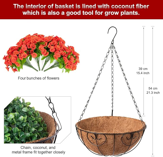 Ammyoo Artificial Hanging Flower Plants with Basket for Spring Summer Outdoor Decoration, Faux Petunias Flowers Fake Morning Glories Planter for Outside Patio Garden Porch Balcony Yard Decor(Orange)