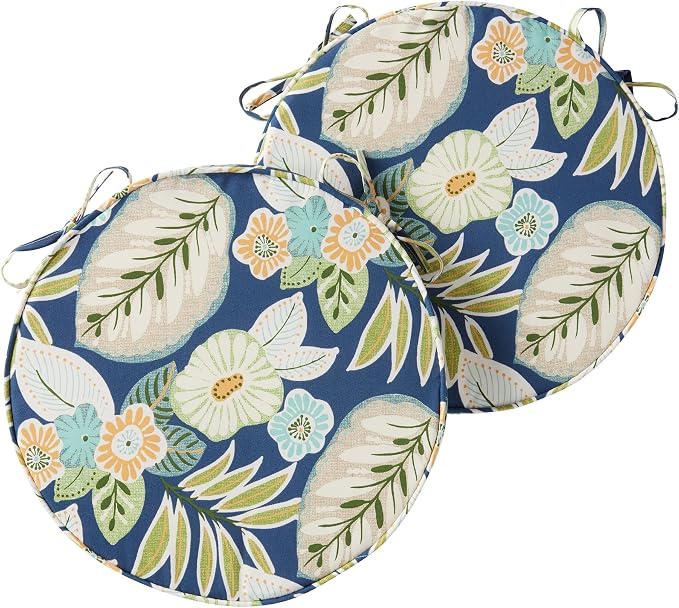 Set of 2 Outdoor 18 inch Round Patio Dining Chair Pads – Comfortable Fiber-Filled Seat Cushions with Ties, Reversible Polyester Fabric, Marlow Blue Floral