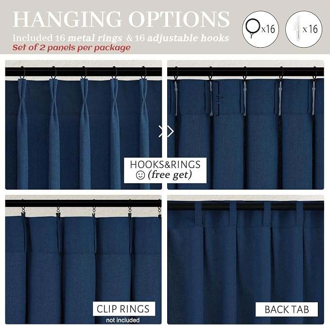PleatedDrapes Denim Blue Semi Sheer Curtains 90 Inches Long for Dining Room 2 Panels Set, Modern Pinch Pleat Heavy Linen Blend Light Filtering Nursery Navy Drapes with Back Tab Window Burg 7-1/2 FT