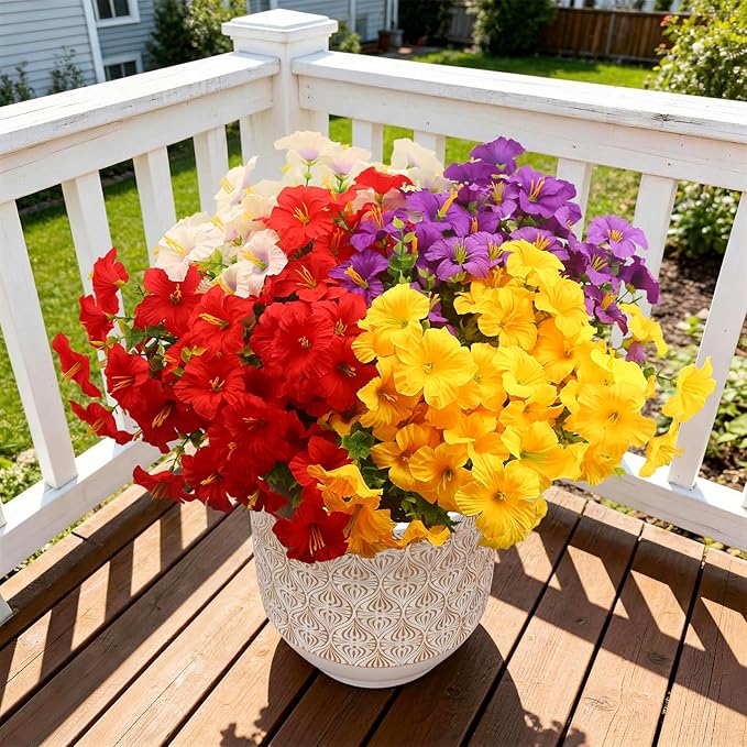 Artificial Flowers for Outdoors Fake Plants Outside, 16 Bundles Silk Morning Glory with Eucalyptus, UV Resistant Realistic Faux Flowers for Planters Porch Patio Garden Balcony Decor (4 Color)