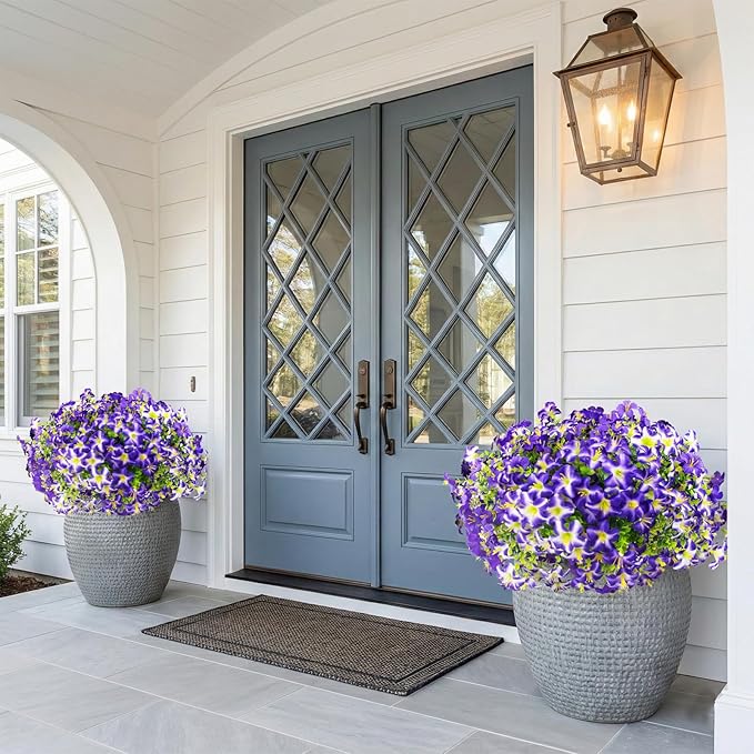 Daynight 32 Pcs Faux Petunias Artificial Flowers for Outdoors, UV Resistant Fake Purple Petunias Plants Realistic Silk Flowers for Porch Front Door Garden Window Outside Decor (32, Purple)