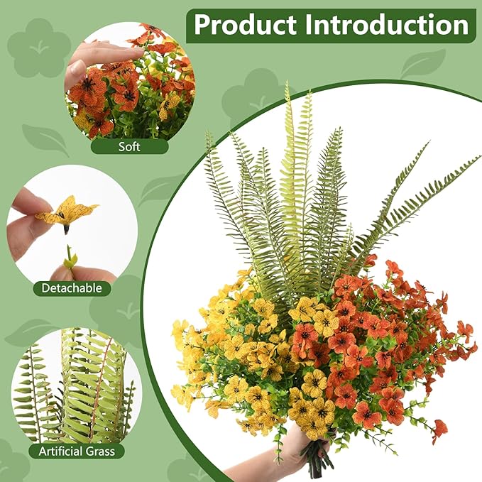 INQCMY Artificial Flowers for Outdoor 12 Pcs Faux Silk Daisy and 1 Pcs Fake Long Leaved Grass UV Resistant Tall Ferns for Home Doorway Courtyard Garden Backyard Decorative (Orange Yellow)