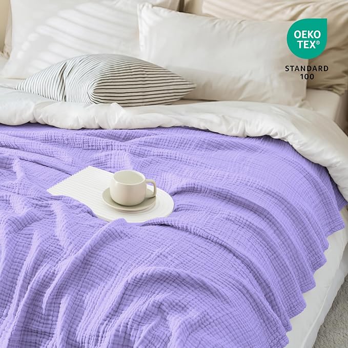 Carriediosa 100% Cotton Muslin Throw Blanket 108" X 90" King Size，4-Layers Summer Gauze Throws for Bed Couch，Soft Lightweight Breathable Linen Blankets Bedspread for Adults All Season，Light Purple