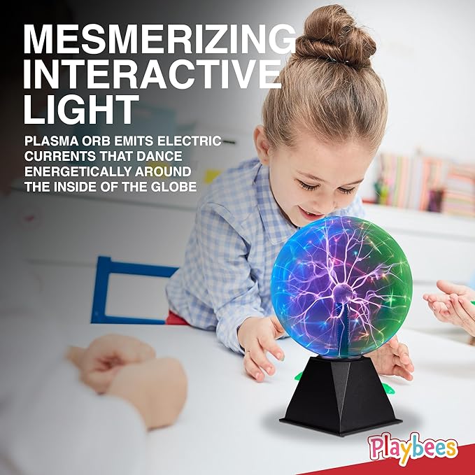Playbees Colorful Plasma Ball 7-Inch – Tesla Coil Globe with Multicolor Lightning Effects, Plug-in Static Electricity Prop for Parties, Decorations, and STEM Learning