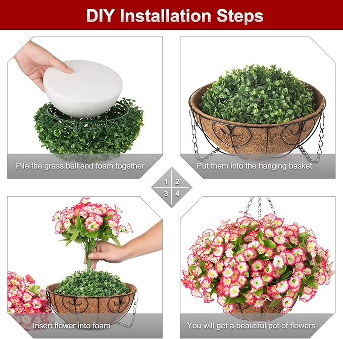 Ammyoo Artificial Hanging Flower Plants with Basket for Outdoor Decoration, Faux Petunias Flowers Fake Morning Glories Planter for Outside Patio Garden Porch Balcony Yard Decor(Pink)