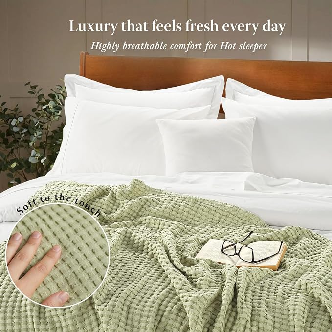 Threadmill Cooling Waffle Blanket King Size | Breathable, Lightweight and Cooling | Made from Rayon Derived from Bamboo | Waffle Throw Blanket for Couch and Sofa | 106 x 92 Inches | Sage Green