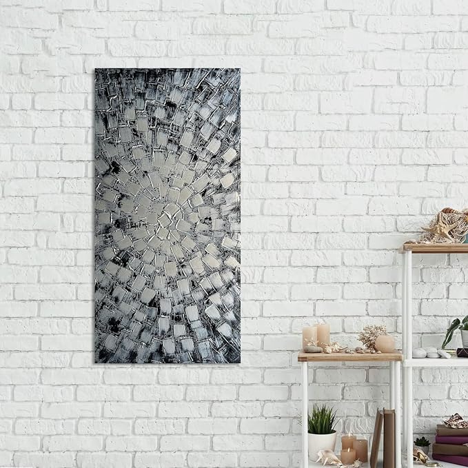 Extra Large Wall Art Abstract Black Silver Squares Canvas Art Hand Painted 3D Textured Oil Painting on Canvas Framed Ready to Hang by Horizontal and Vertical 60x30inch