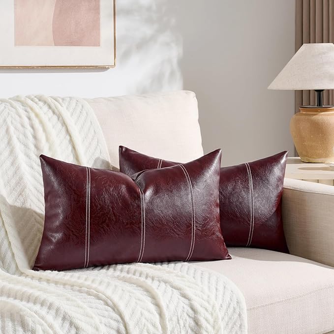 Fancy Homi Burgundy Long Lumbar Faux Leather Decorative Throw Pillow Covers 14x24 Inch for Outdoor Couch Bed, Modern Farmhouse Boho Home Decor, Wine Red Hand Stitched Cushion Case 35x60 cm