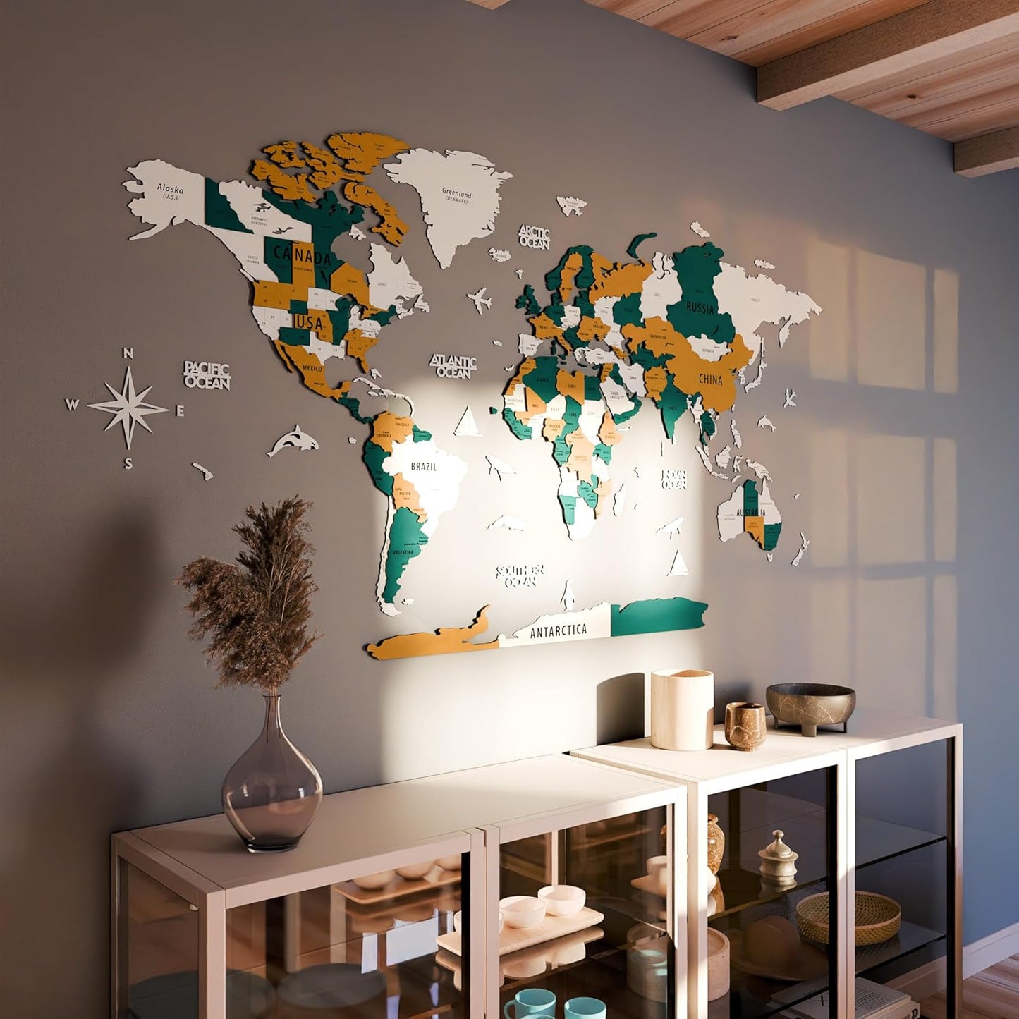 Colorfull Worlds 3D Wooden World Map Wall Art | Unique Wall Decor with Pins for Travel Enthusiasts | Home and Office Wall Décor | Gold-Blue | Large