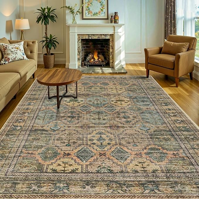 Rugxara 8x10 Area Rugs for Living Room Bedroom, Large Washable Rug, Brown Vintage Retro Boho Rug, Non Slip & Low Pile Faux Wool Thin Carpet for Indoor Dining Room and Kids Room(Brown 8x10ft)